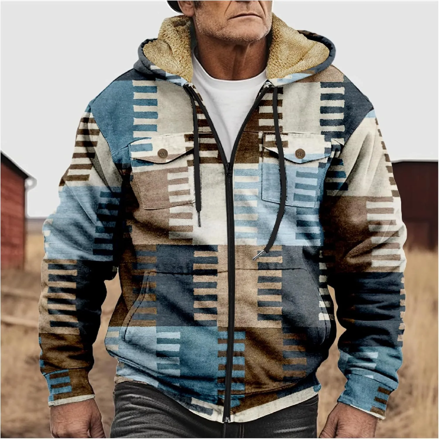 Winter Jacket For Mens Zip Up Casual Long Sleeve Thickened Vintage Hoodies Fashion Padded Coats