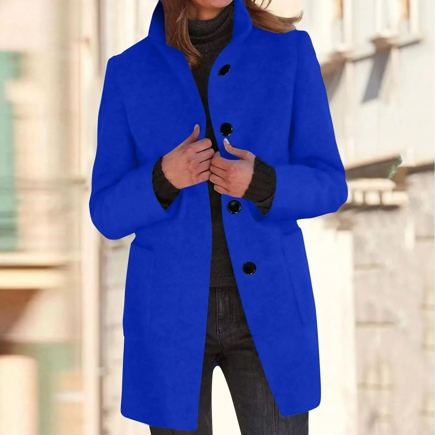 Winter Long Pea Coats for Women Wool Blend Stand Collar Single Breasted Blazer Jacket 2025 Casual Peacoat Overcoat
