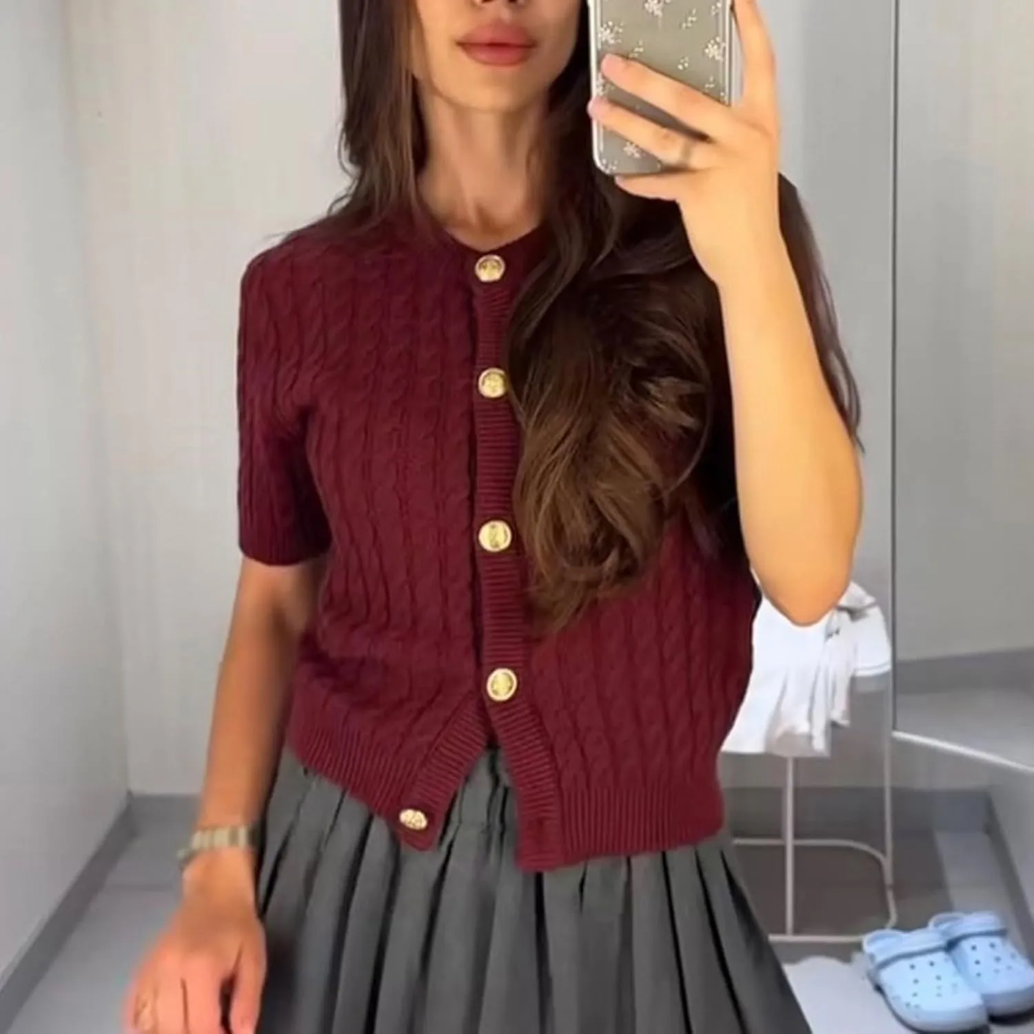 Women Cable Knit Cardigan Sweaters Short Sleeve Vintage Button Down Y2k Crop Knit Cardigan Casual Soft Sweater
