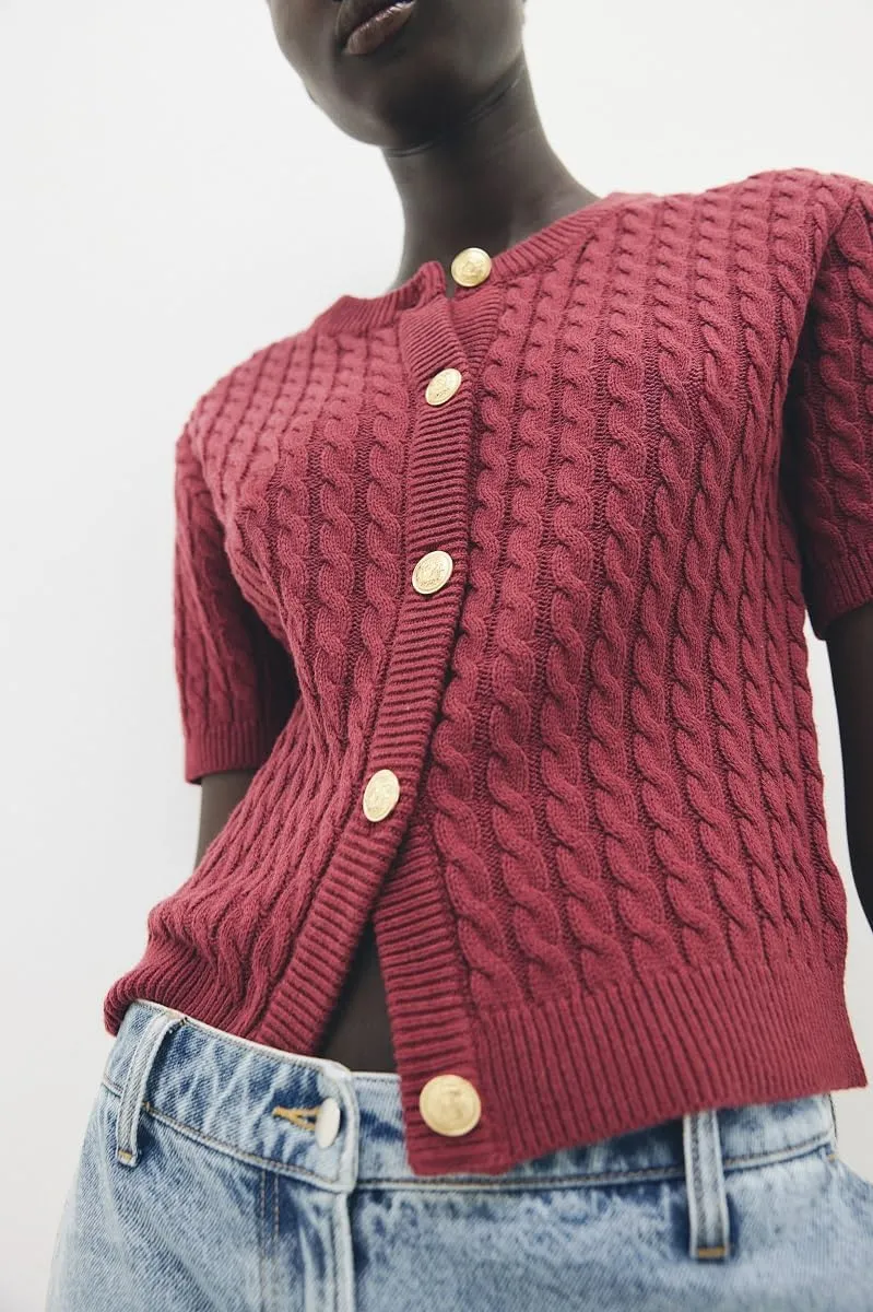 Women Cable Knit Cardigan Sweaters Short Sleeve Vintage Button Down Y2k Crop Knit Cardigan Casual Soft Sweater