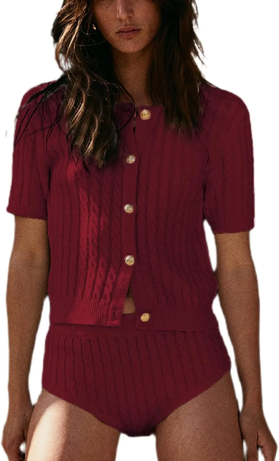 Women Cable Knit Cardigan Sweaters Short Sleeve Vintage Button Down Y2k Crop Knit Cardigan Casual Soft Sweater