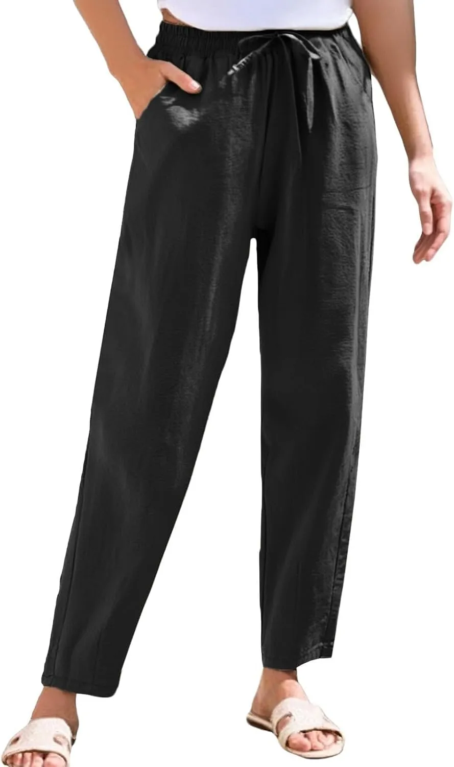 Women Casual Straight Leg Pants Elastic Drawstring Trousers with Pockets 2025 Summer Cotton Linen Beach Lounge Clothes