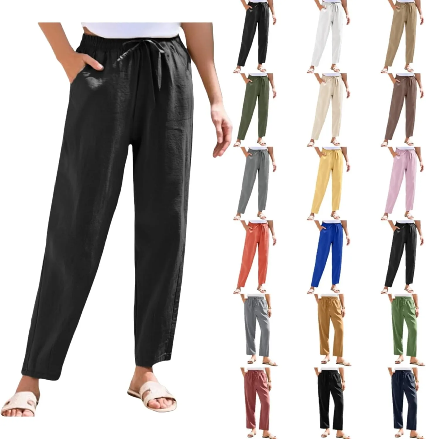 Women Casual Straight Leg Pants Elastic Drawstring Trousers with Pockets 2025 Summer Cotton Linen Beach Lounge Clothes