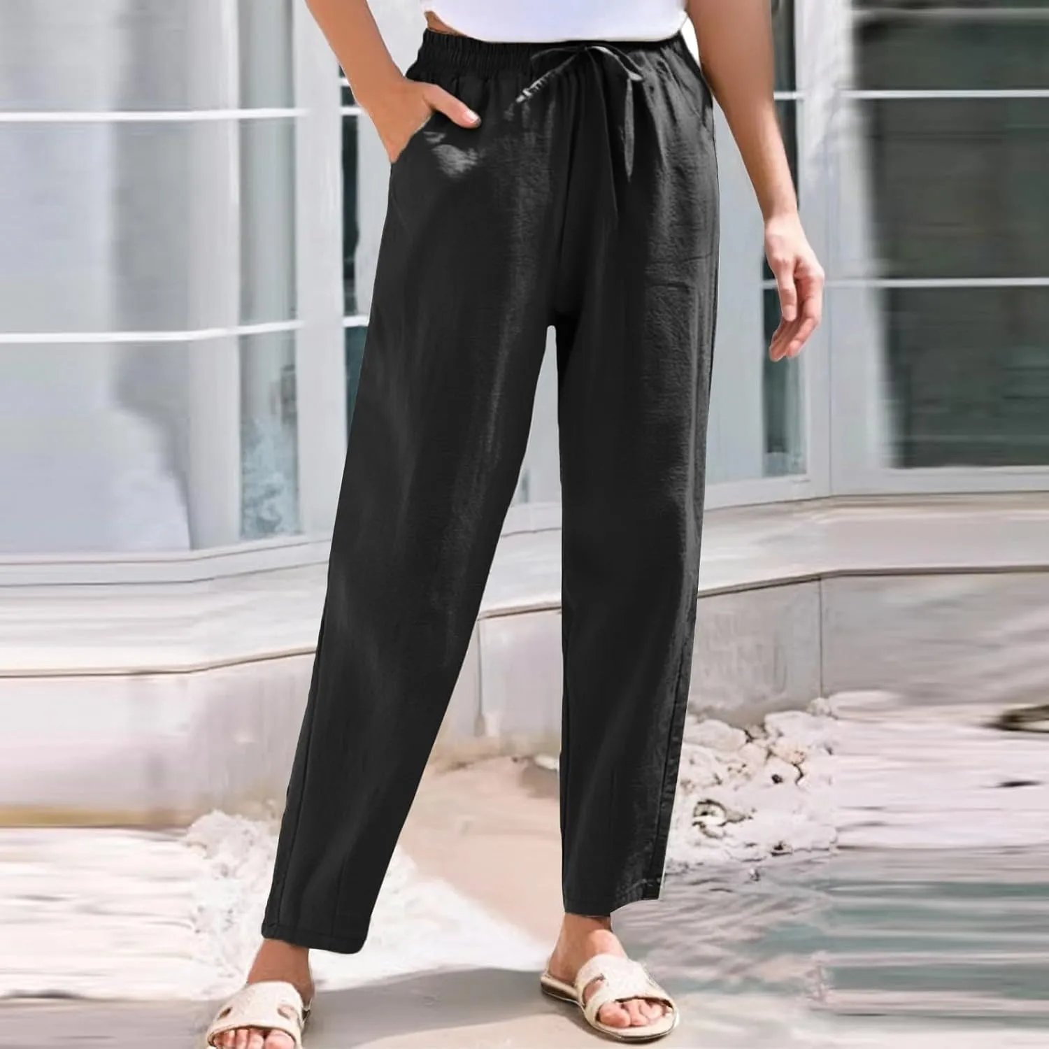 Women Casual Straight Leg Pants Elastic Drawstring Trousers with Pockets 2025 Summer Cotton Linen Beach Lounge Clothes