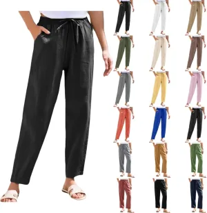 Women Casual Straight Leg Pants Elastic Drawstring Trousers with Pockets 2025 Summer Cotton Linen Beach Lounge Clothes