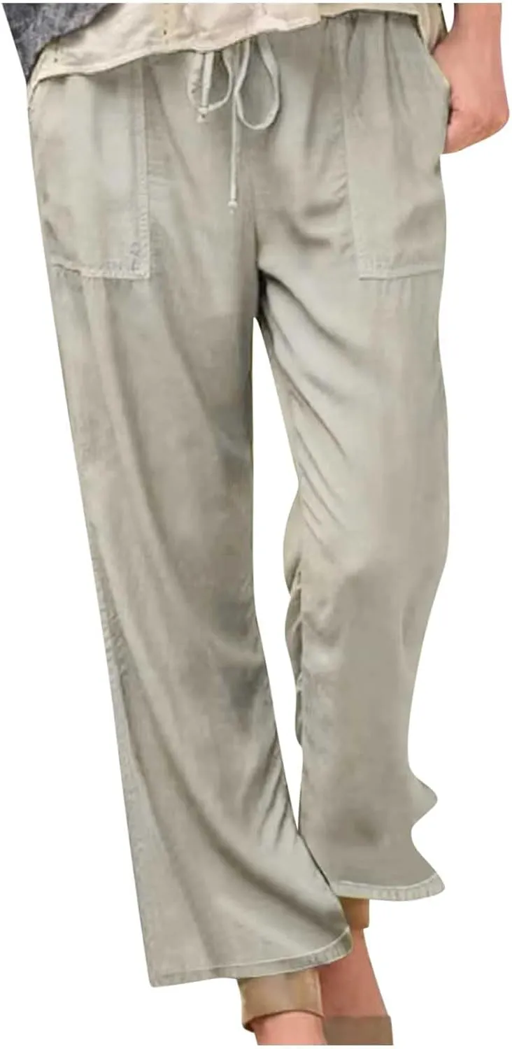 Women Drawstring Solid Color Trousers Soft Loose Wide Leg Pants Casual Lightweight Straight Leg Pants with Pockets