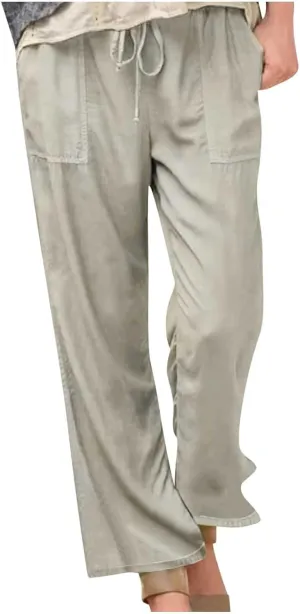 Women Drawstring Solid Color Trousers Soft Loose Wide Leg Pants Casual Lightweight Straight Leg Pants with Pockets