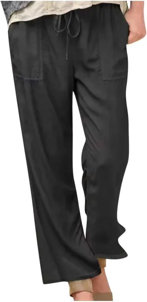 Women Drawstring Solid Color Trousers Soft Loose Wide Leg Pants Casual Lightweight Straight Leg Pants with Pockets