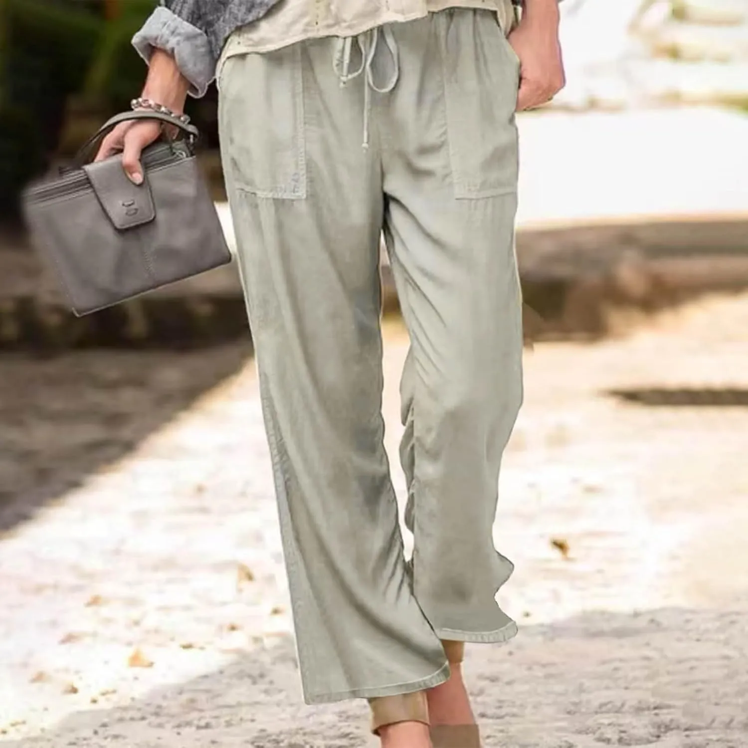 Women Drawstring Solid Color Trousers Soft Loose Wide Leg Pants Casual Lightweight Straight Leg Pants with Pockets