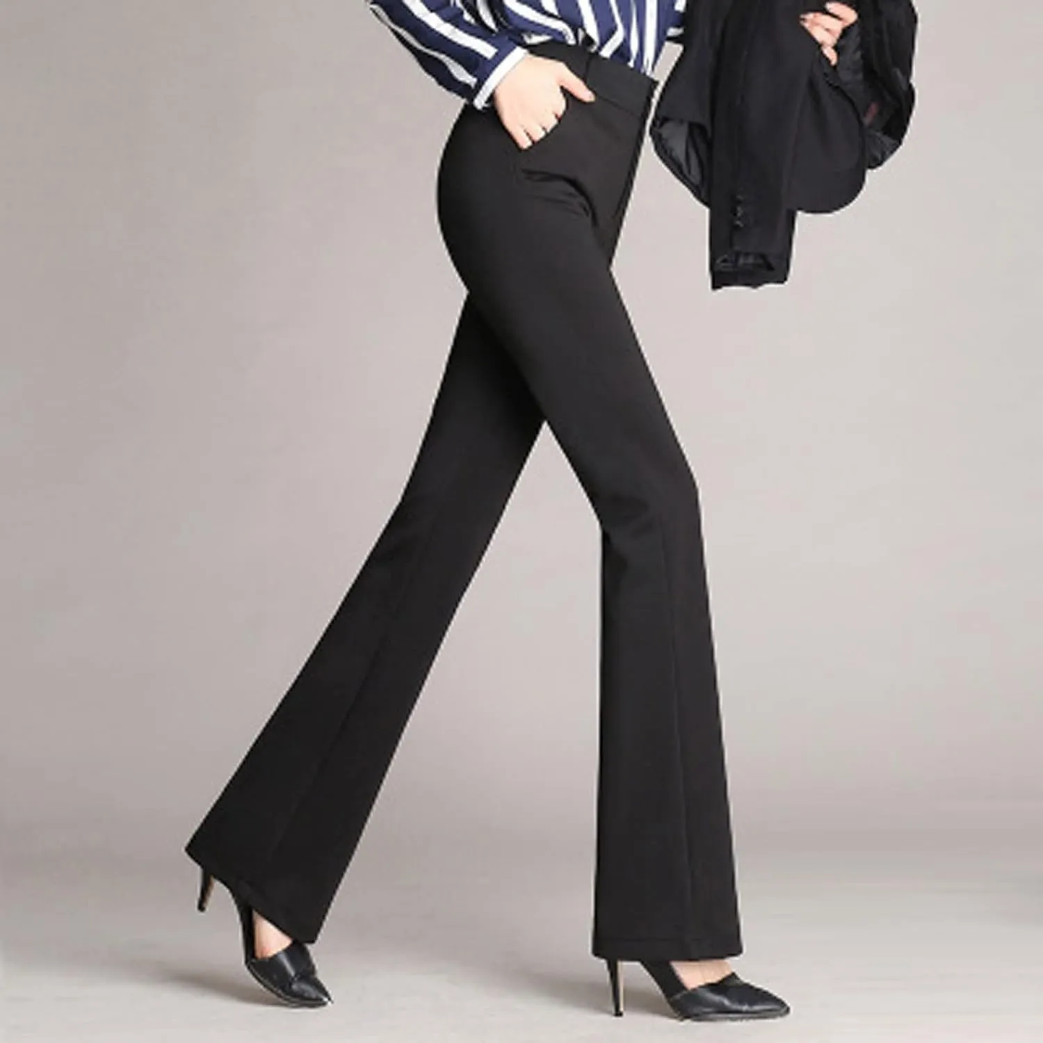 Women Flare Casual Pants Women Pockets High Waist Solid Straight Leg Pants Long Trousers Flared Pants Plaid Fashion