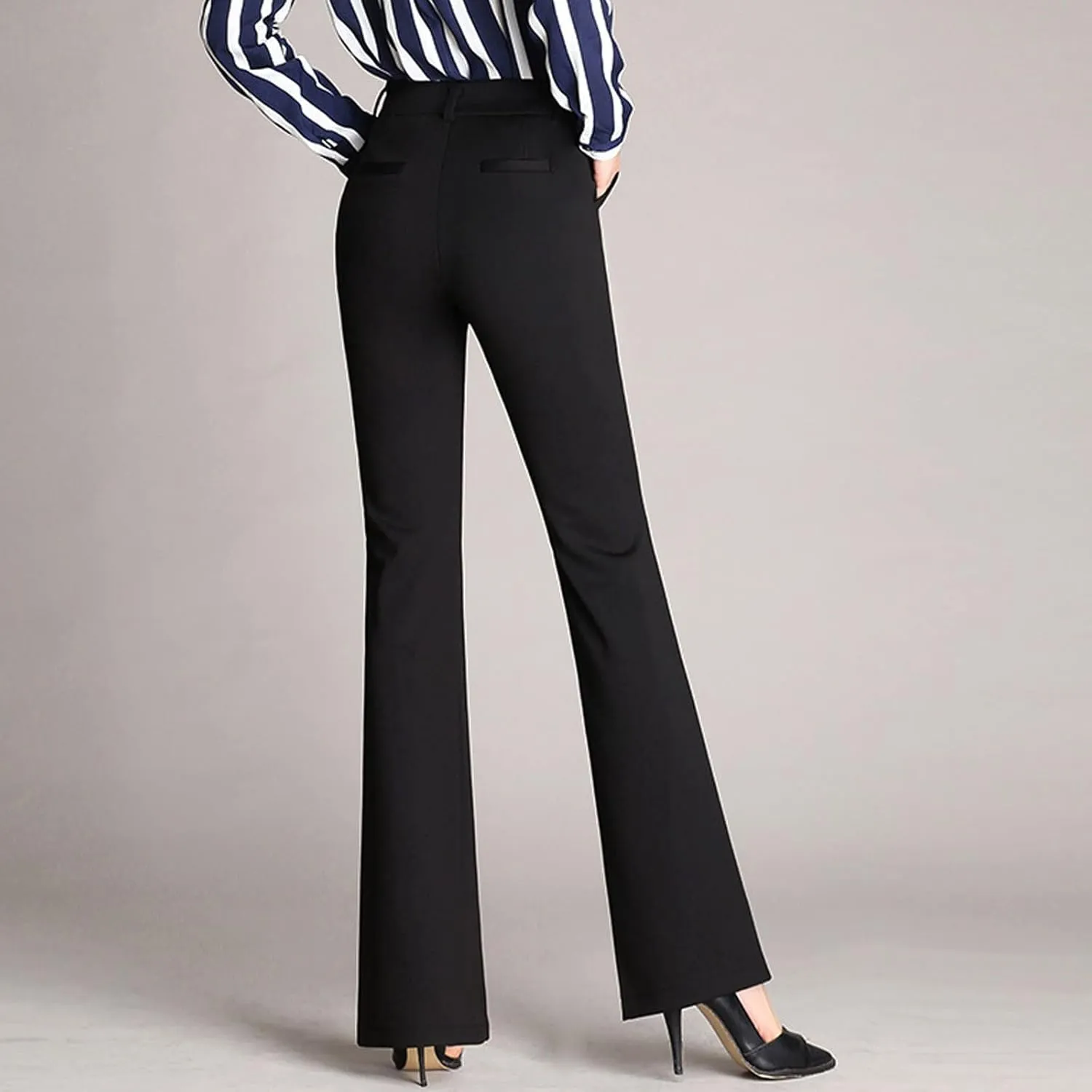 Women Flare Casual Pants Women Pockets High Waist Solid Straight Leg Pants Long Trousers Flared Pants Plaid Fashion