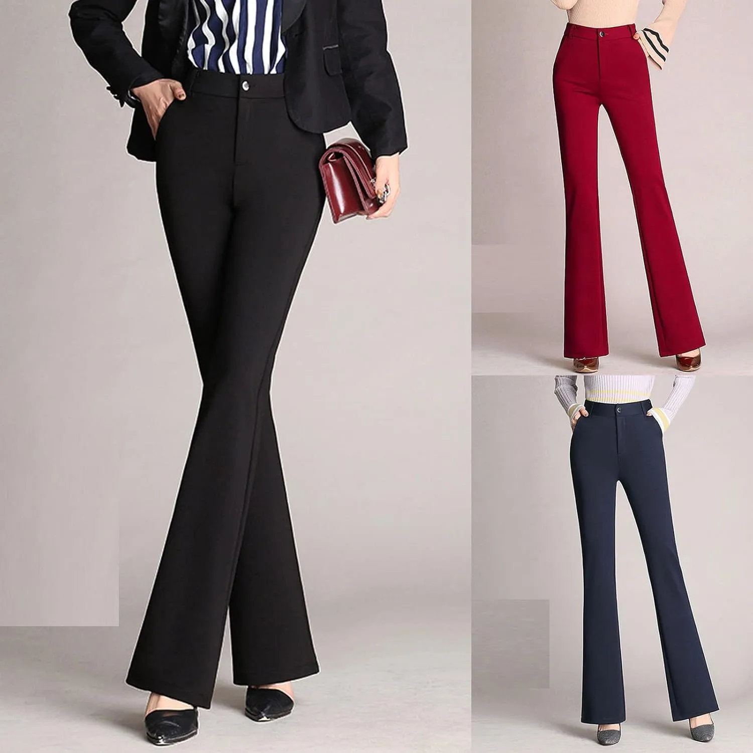 Women Flare Casual Pants Women Pockets High Waist Solid Straight Leg Pants Long Trousers Flared Pants Plaid Fashion