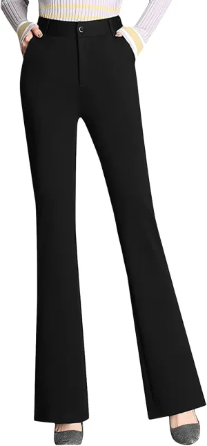 Women Flare Casual Pants Women Pockets High Waist Solid Straight Leg Pants Long Trousers Flared Pants Plaid Fashion