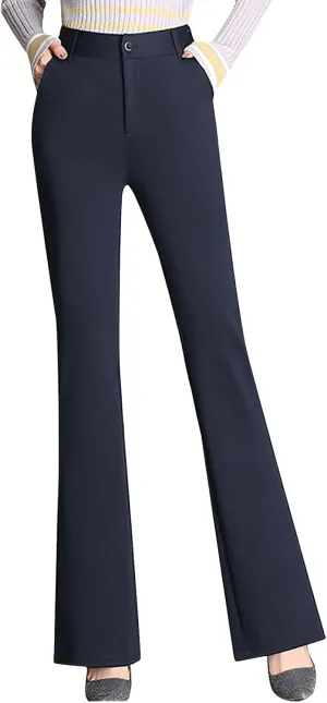 Women Flare Casual Pants Women Pockets High Waist Solid Straight Leg Pants Long Trousers Flared Pants Plaid Fashion