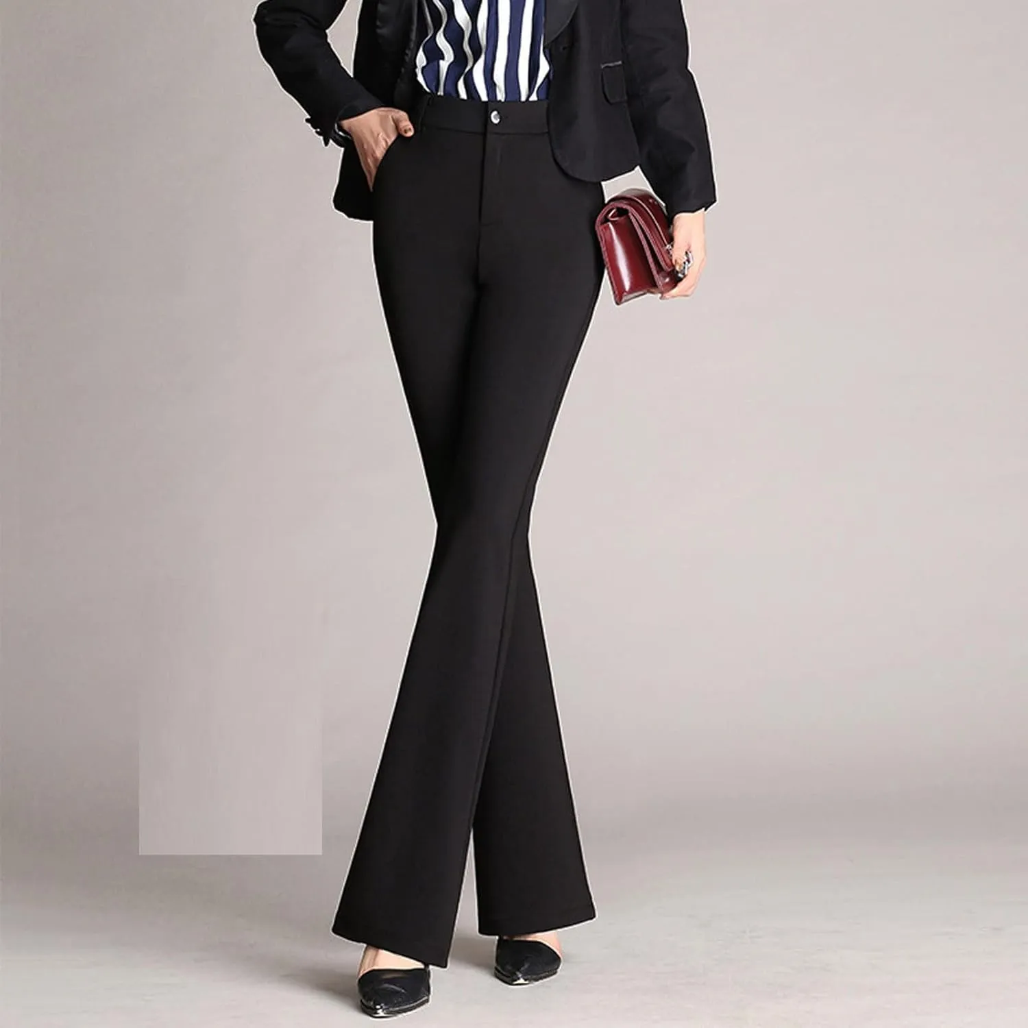 Women Flare Casual Pants Women Pockets High Waist Solid Straight Leg Pants Long Trousers Flared Pants Plaid Fashion
