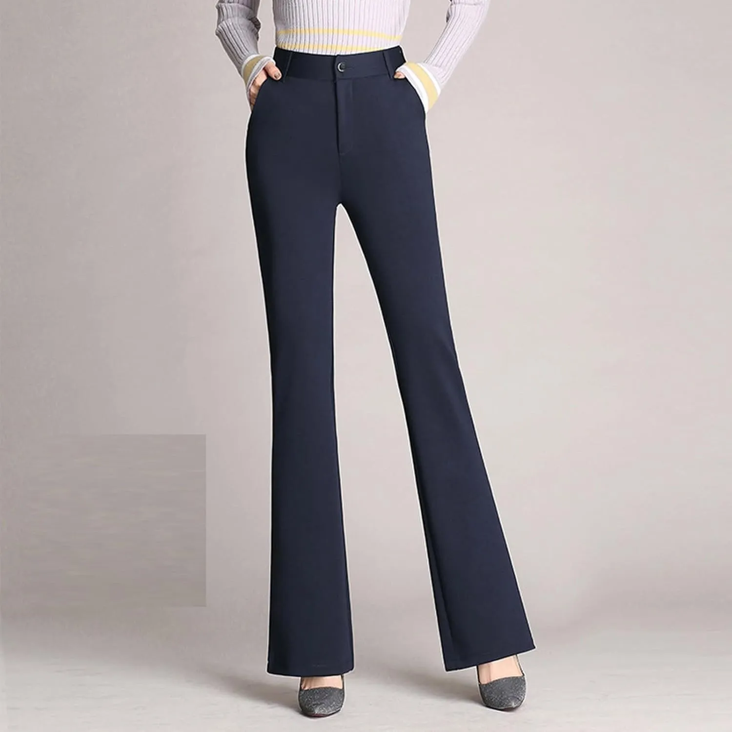 Women Flare Casual Pants Women Pockets High Waist Solid Straight Leg Pants Long Trousers Flared Pants Plaid Fashion