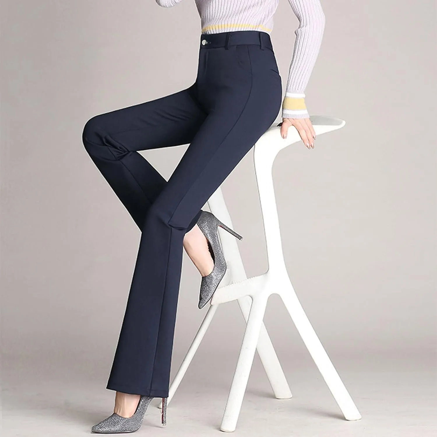 Women Flare Casual Pants Women Pockets High Waist Solid Straight Leg Pants Long Trousers Flared Pants Plaid Fashion