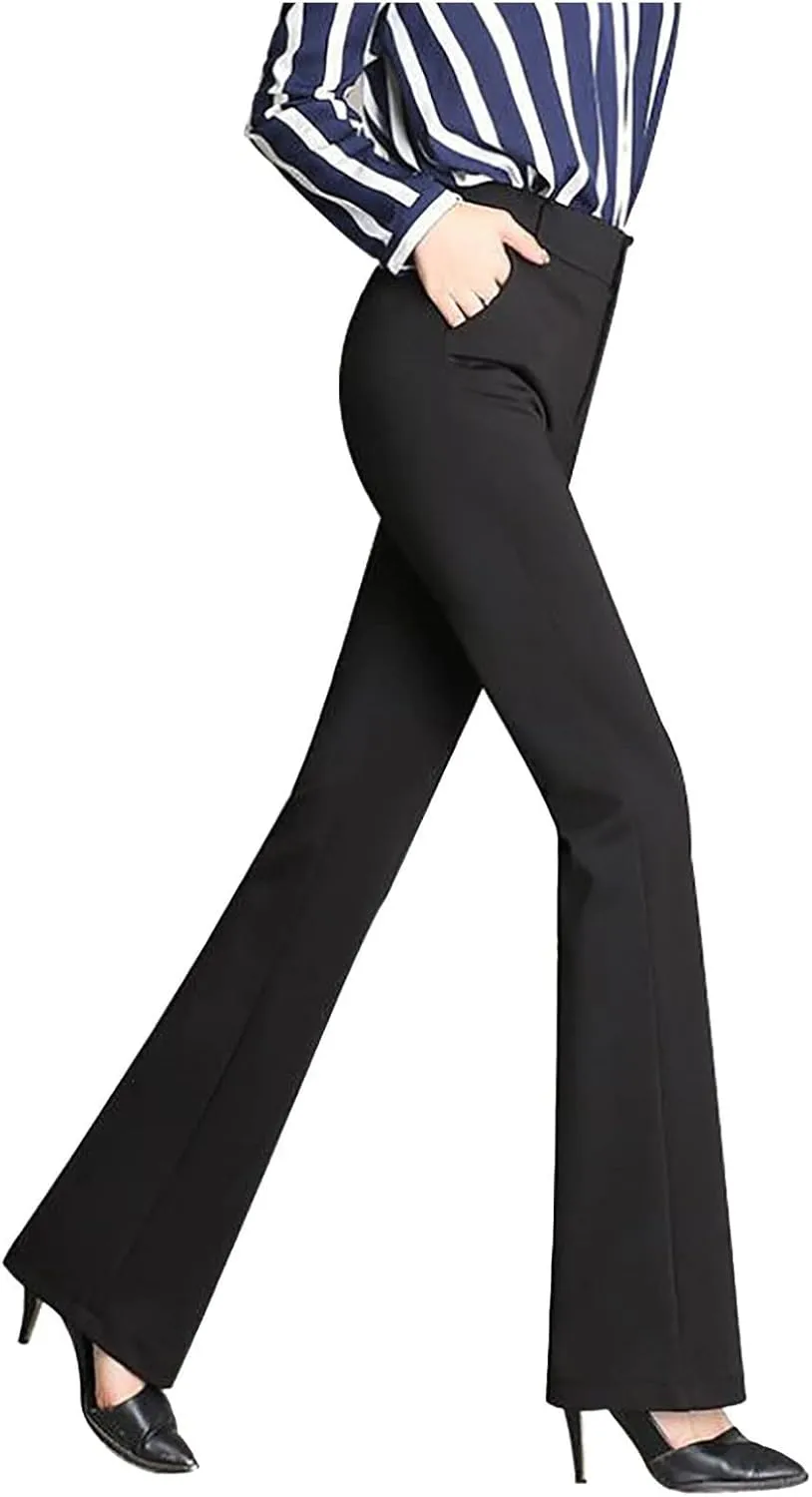 Women Flare Casual Pants Women Pockets High Waist Solid Straight Leg Pants Long Trousers Flared Pants Plaid Fashion
