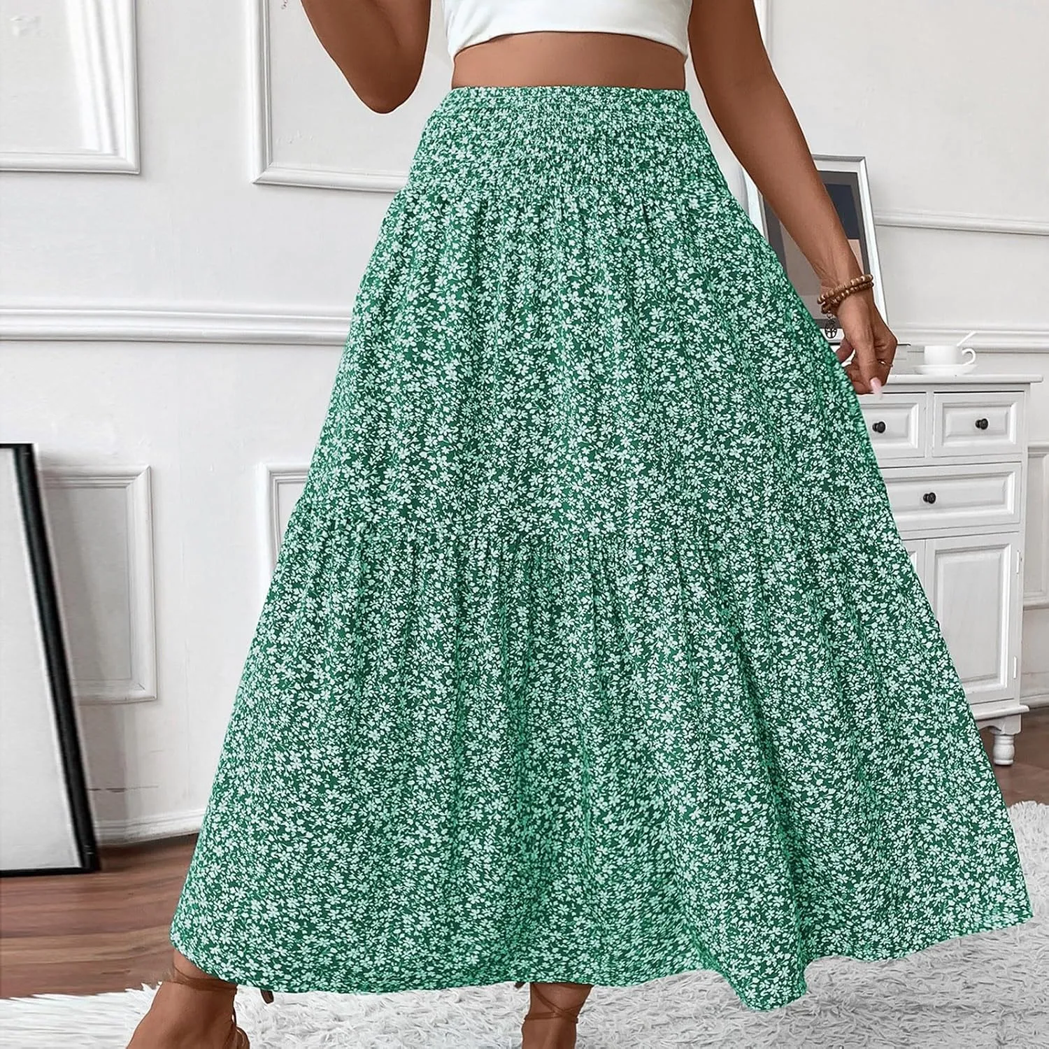 Women Floral Maxi Skirt Smocked High Waist Cotton Flowy Long Skirts Summer Boho Beach Hawaiian Vacation A Line Skirt