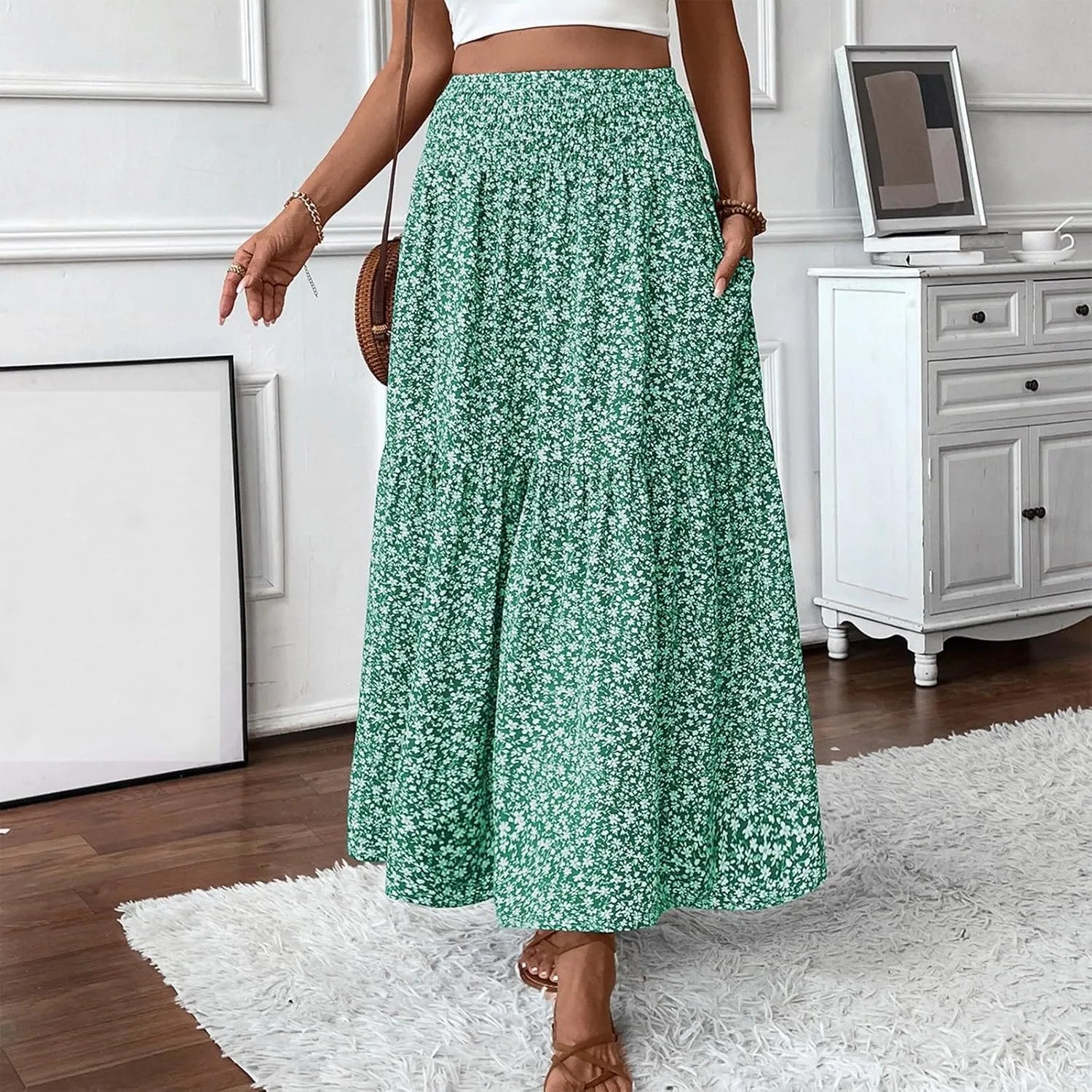 Women Floral Maxi Skirt Smocked High Waist Cotton Flowy Long Skirts Summer Boho Beach Hawaiian Vacation A Line Skirt