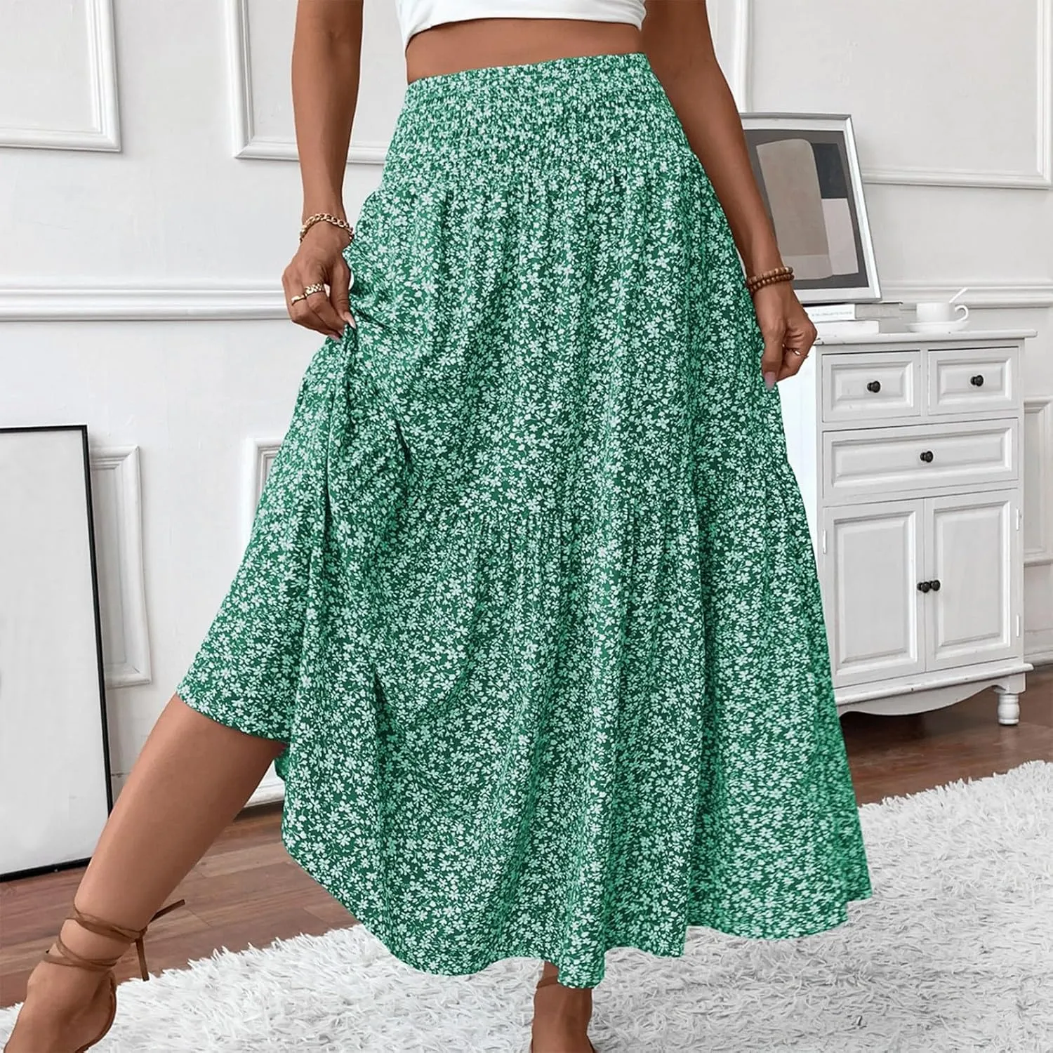 Women Floral Maxi Skirt Smocked High Waist Cotton Flowy Long Skirts Summer Boho Beach Hawaiian Vacation A Line Skirt