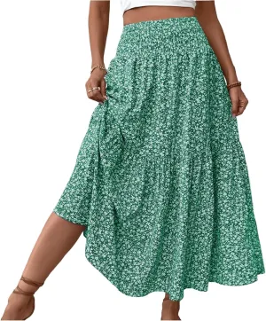 Women Floral Maxi Skirt Smocked High Waist Cotton Flowy Long Skirts Summer Boho Beach Hawaiian Vacation A Line Skirt