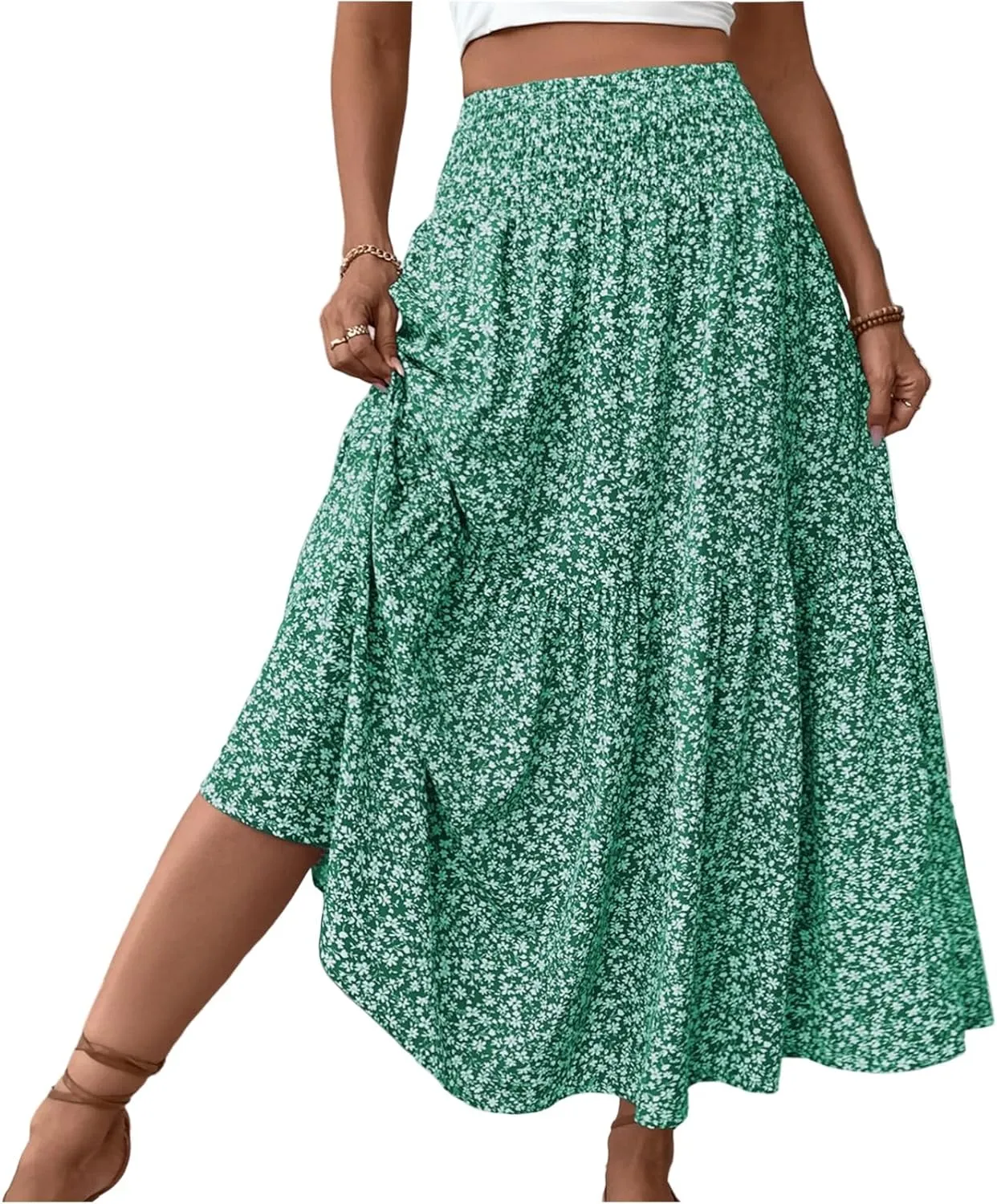 Women Floral Maxi Skirt Smocked High Waist Cotton Flowy Long Skirts Summer Boho Beach Hawaiian Vacation A Line Skirt