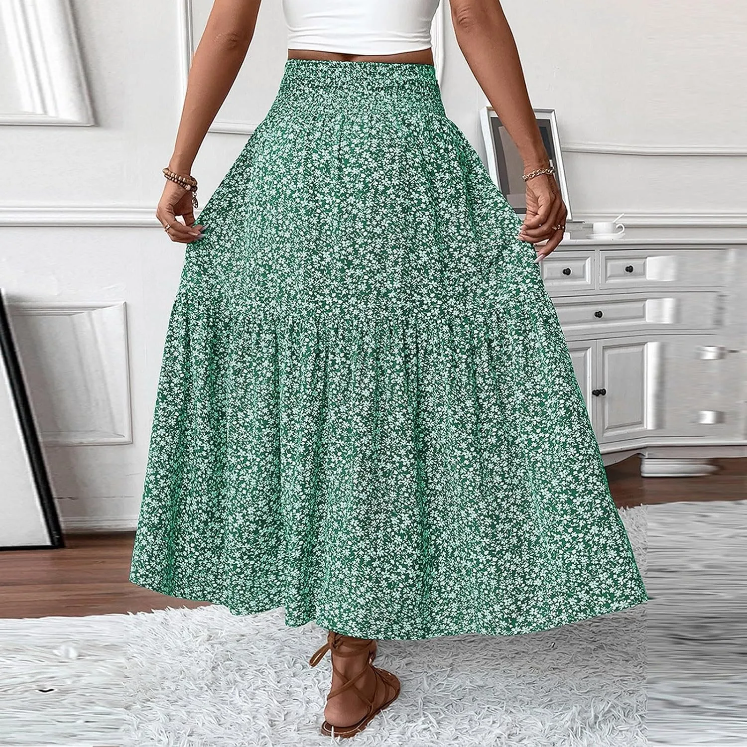 Women Floral Maxi Skirt Smocked High Waist Cotton Flowy Long Skirts Summer Boho Beach Hawaiian Vacation A Line Skirt