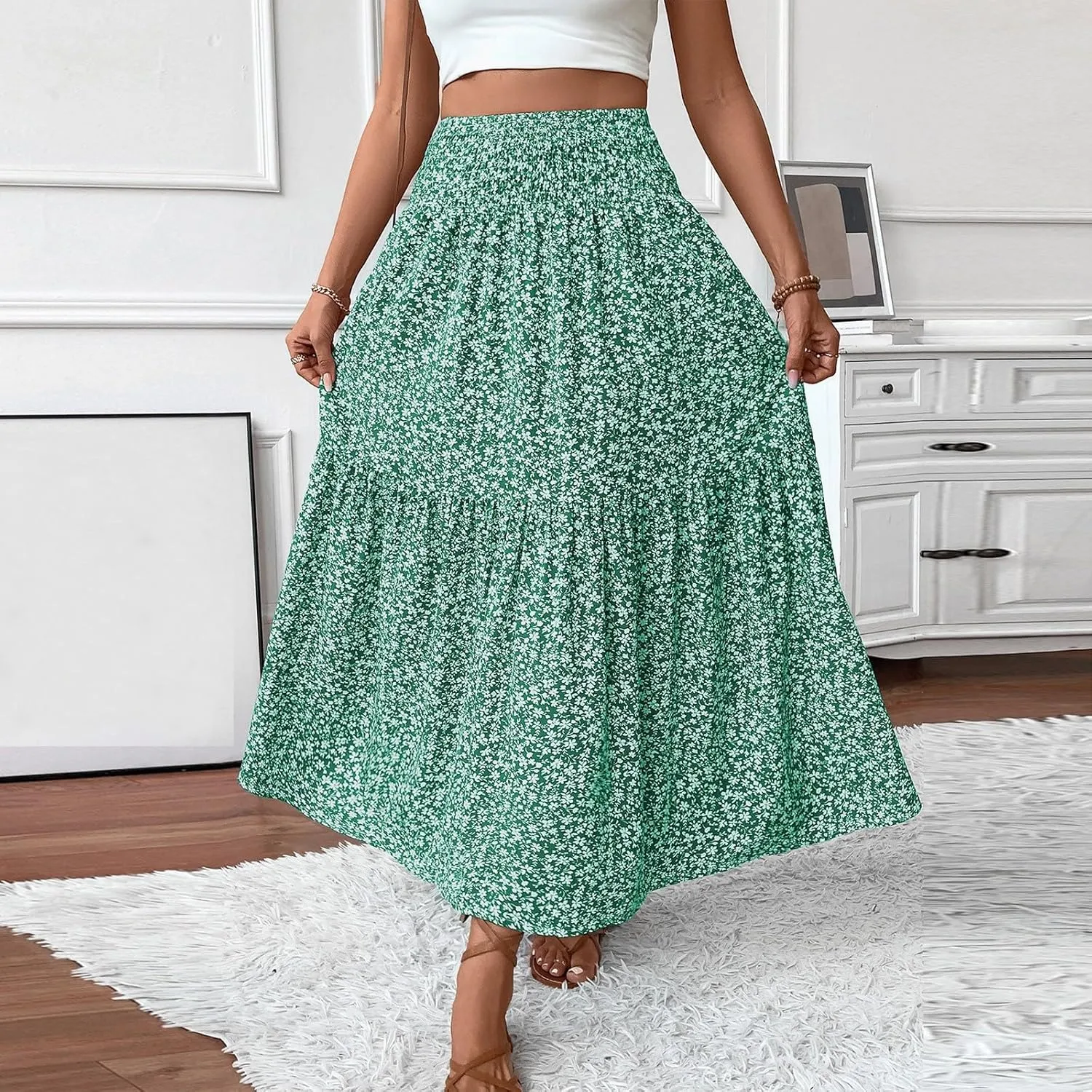 Women Floral Maxi Skirt Smocked High Waist Cotton Flowy Long Skirts Summer Boho Beach Hawaiian Vacation A Line Skirt