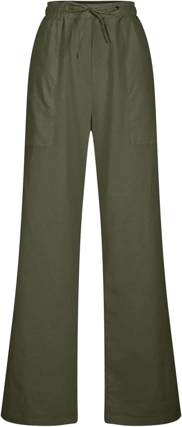 Women High Waisted Straight Leg Pants, Ladies Cotton Linen Lounge Pant with Pockets Comfy Soft Trousers Resort Wear
