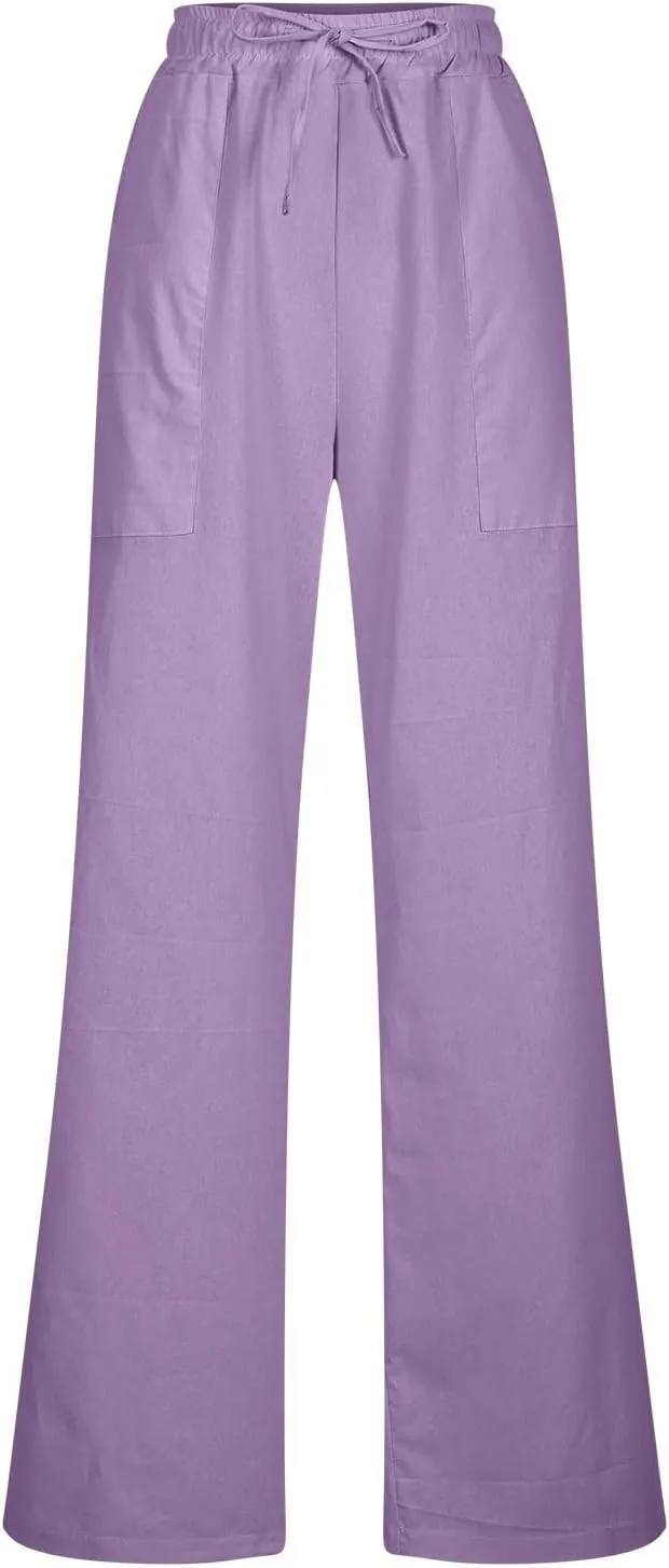 Women High Waisted Straight Leg Pants, Ladies Cotton Linen Lounge Pant with Pockets Comfy Soft Trousers Resort Wear