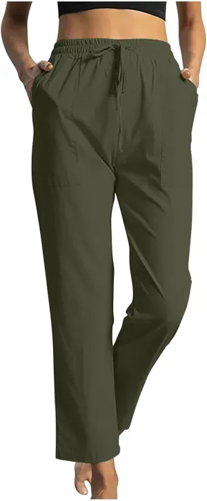 Women High Waisted Straight Leg Pants, Ladies Cotton Linen Lounge Pant with Pockets Comfy Soft Trousers Resort Wear