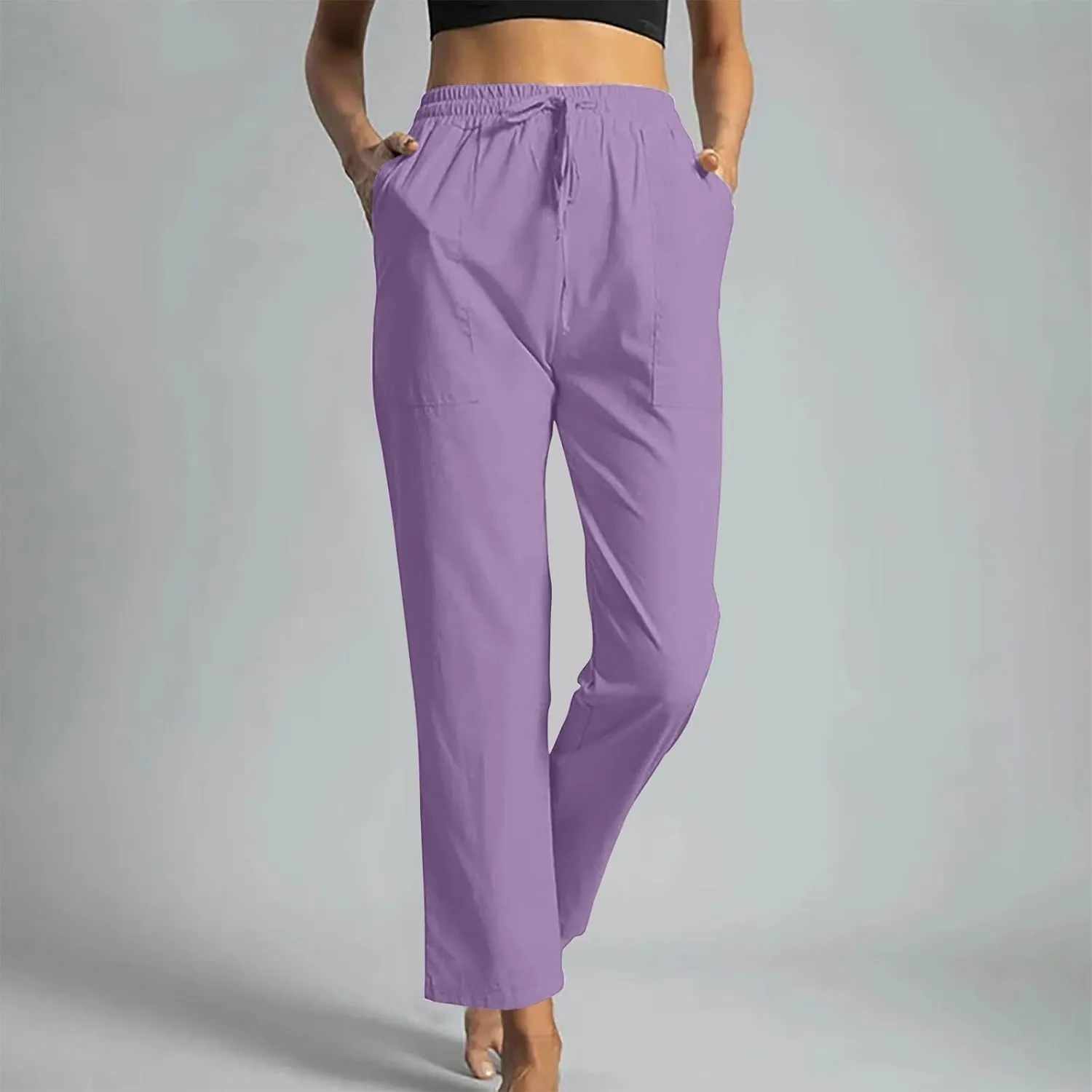 Women High Waisted Straight Leg Pants, Ladies Cotton Linen Lounge Pant with Pockets Comfy Soft Trousers Resort Wear