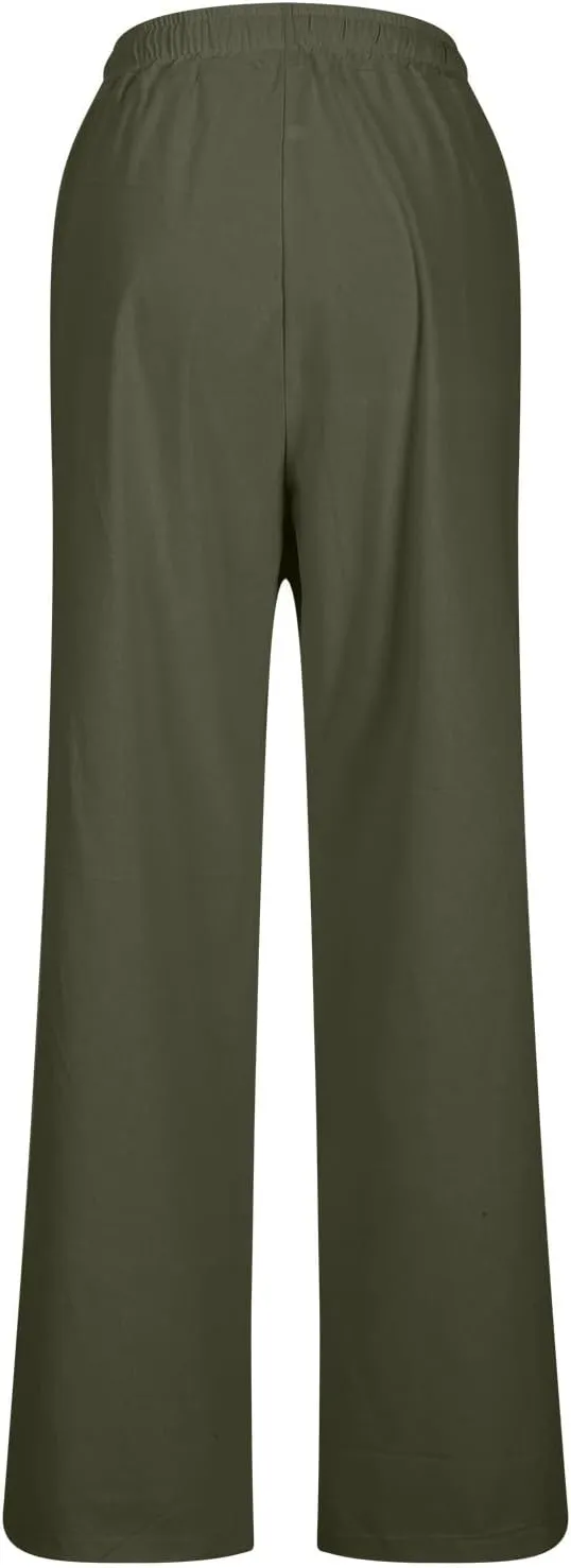 Women High Waisted Straight Leg Pants, Ladies Cotton Linen Lounge Pant with Pockets Comfy Soft Trousers Resort Wear
