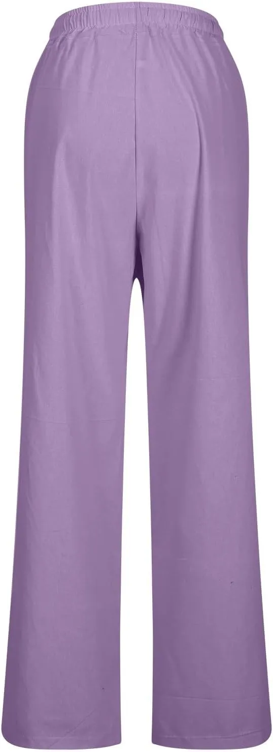 Women High Waisted Straight Leg Pants, Ladies Cotton Linen Lounge Pant with Pockets Comfy Soft Trousers Resort Wear