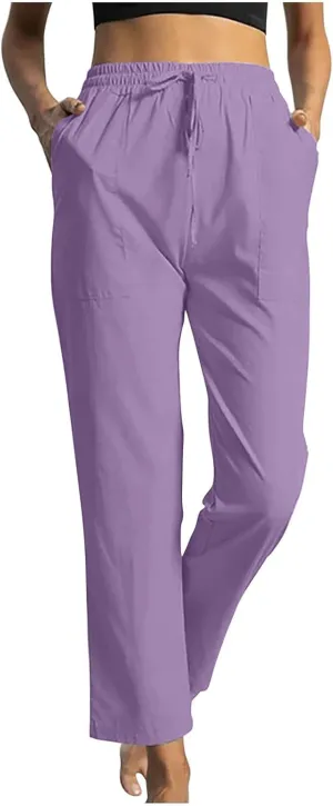 Women High Waisted Straight Leg Pants, Ladies Cotton Linen Lounge Pant with Pockets Comfy Soft Trousers Resort Wear