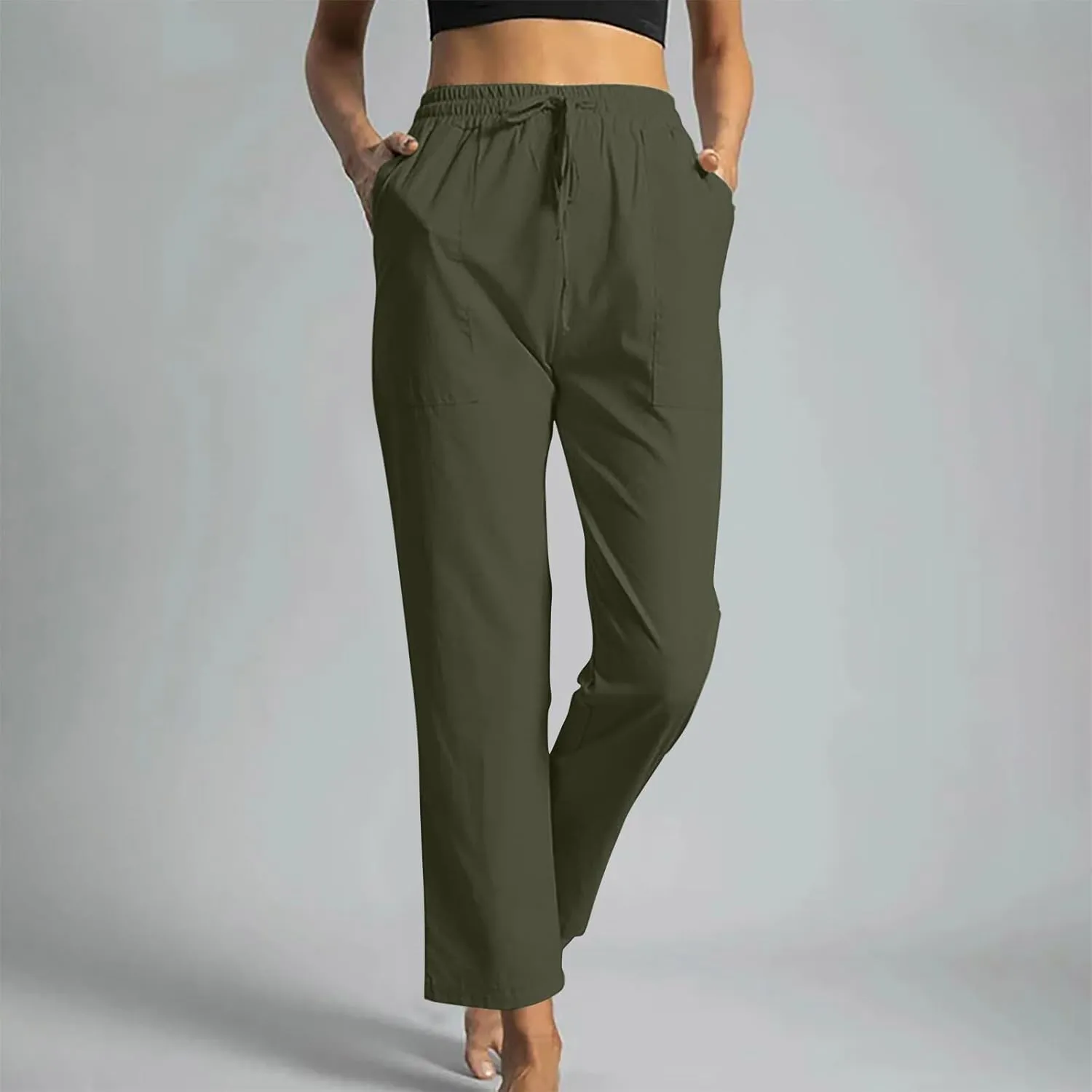 Women High Waisted Straight Leg Pants, Ladies Cotton Linen Lounge Pant with Pockets Comfy Soft Trousers Resort Wear