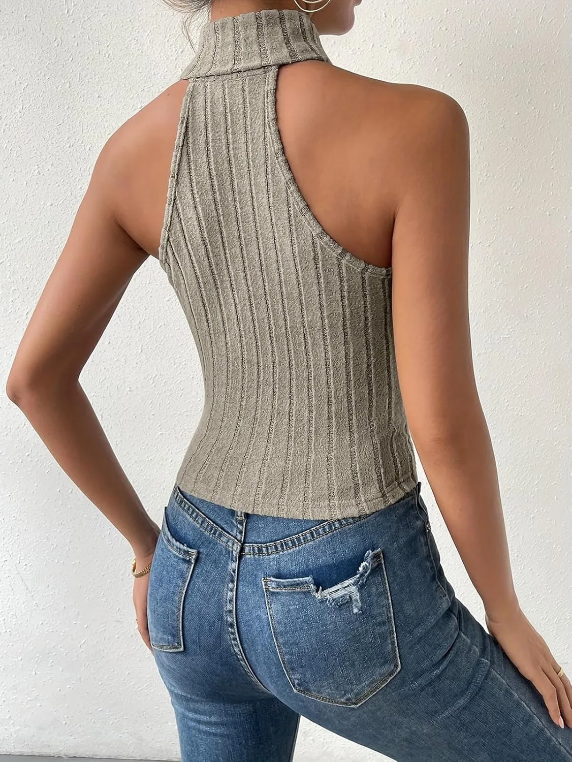 Women Knitted Tops Sleeveless High Neck Tank Top Turtleneck Stretchable Fitted Crop Top Summer Knit Sweater Vest
