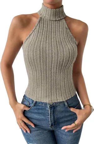 Women Knitted Tops Sleeveless High Neck Tank Top Turtleneck Stretchable Fitted Crop Top Summer Knit Sweater Vest