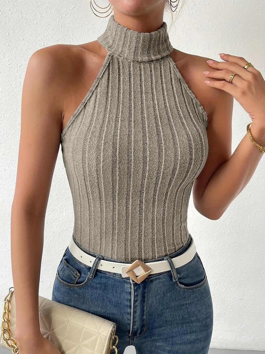 Women Knitted Tops Sleeveless High Neck Tank Top Turtleneck Stretchable Fitted Crop Top Summer Knit Sweater Vest