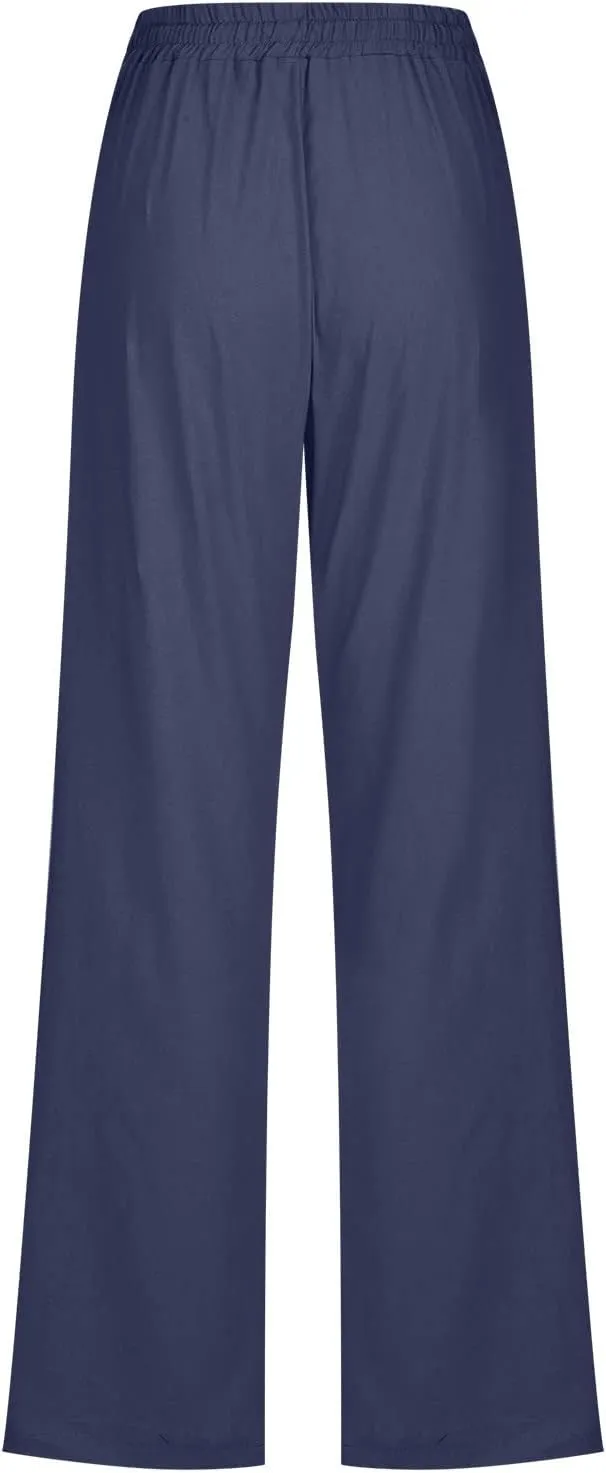 Women Linen Pants Trendy Straight Leg Drawstring Lounge Trousers Casual Relax Fit Elastic Waist Pants with Pockets