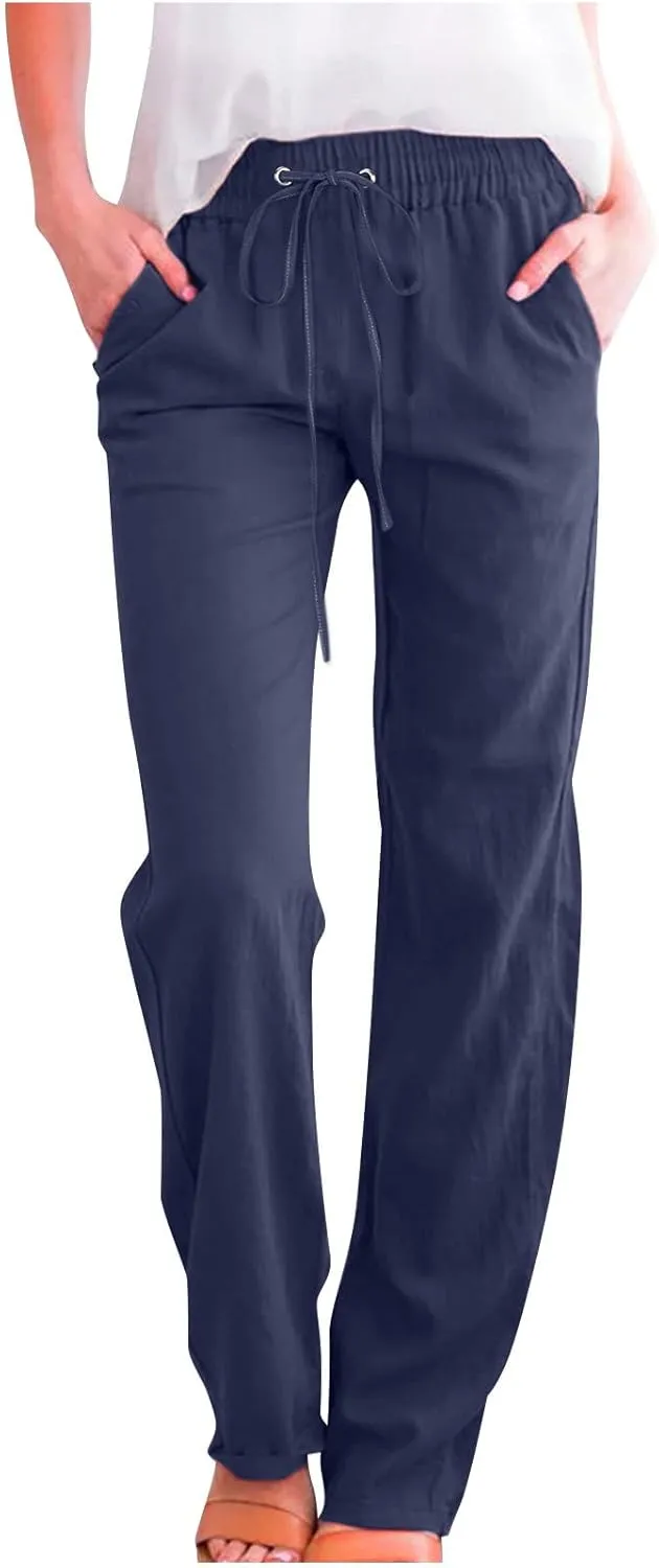 Women Linen Pants Trendy Straight Leg Drawstring Lounge Trousers Casual Relax Fit Elastic Waist Pants with Pockets