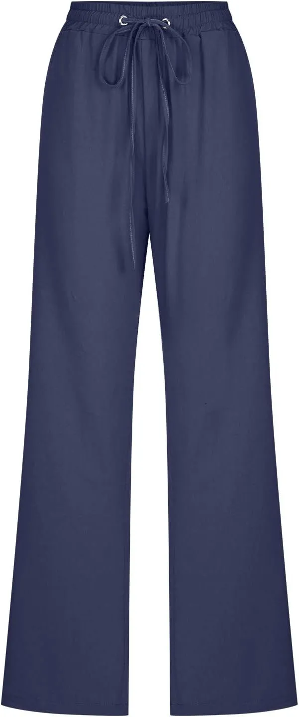 Women Linen Pants Trendy Straight Leg Drawstring Lounge Trousers Casual Relax Fit Elastic Waist Pants with Pockets