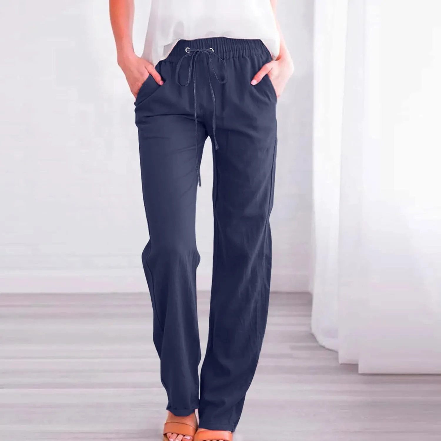 Women Linen Pants Trendy Straight Leg Drawstring Lounge Trousers Casual Relax Fit Elastic Waist Pants with Pockets