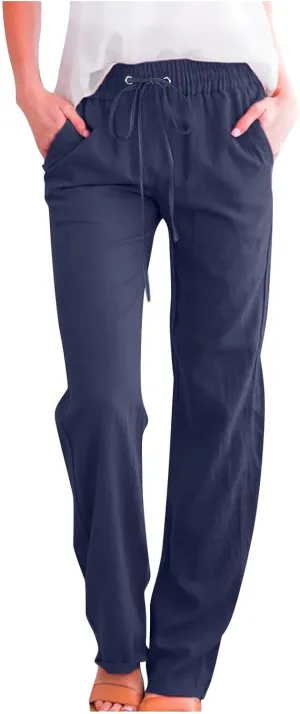 Women Linen Pants Trendy Straight Leg Drawstring Lounge Trousers Casual Relax Fit Elastic Waist Pants with Pockets
