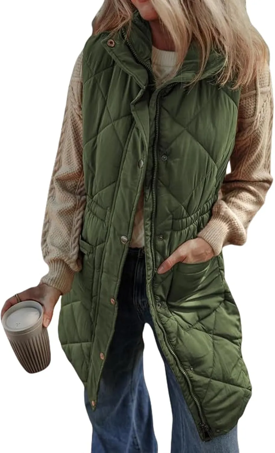Women Long Vest Zip Up Puffer Jacket Casual Sleeveless Down Coat Stand Collar Long Jacket Puffy Vest with Pockets