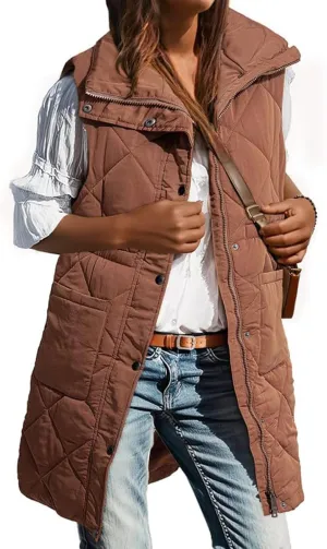 Women Long Vest Zip Up Puffer Jacket Casual Sleeveless Down Coat Stand Collar Long Jacket Puffy Vest with Pockets