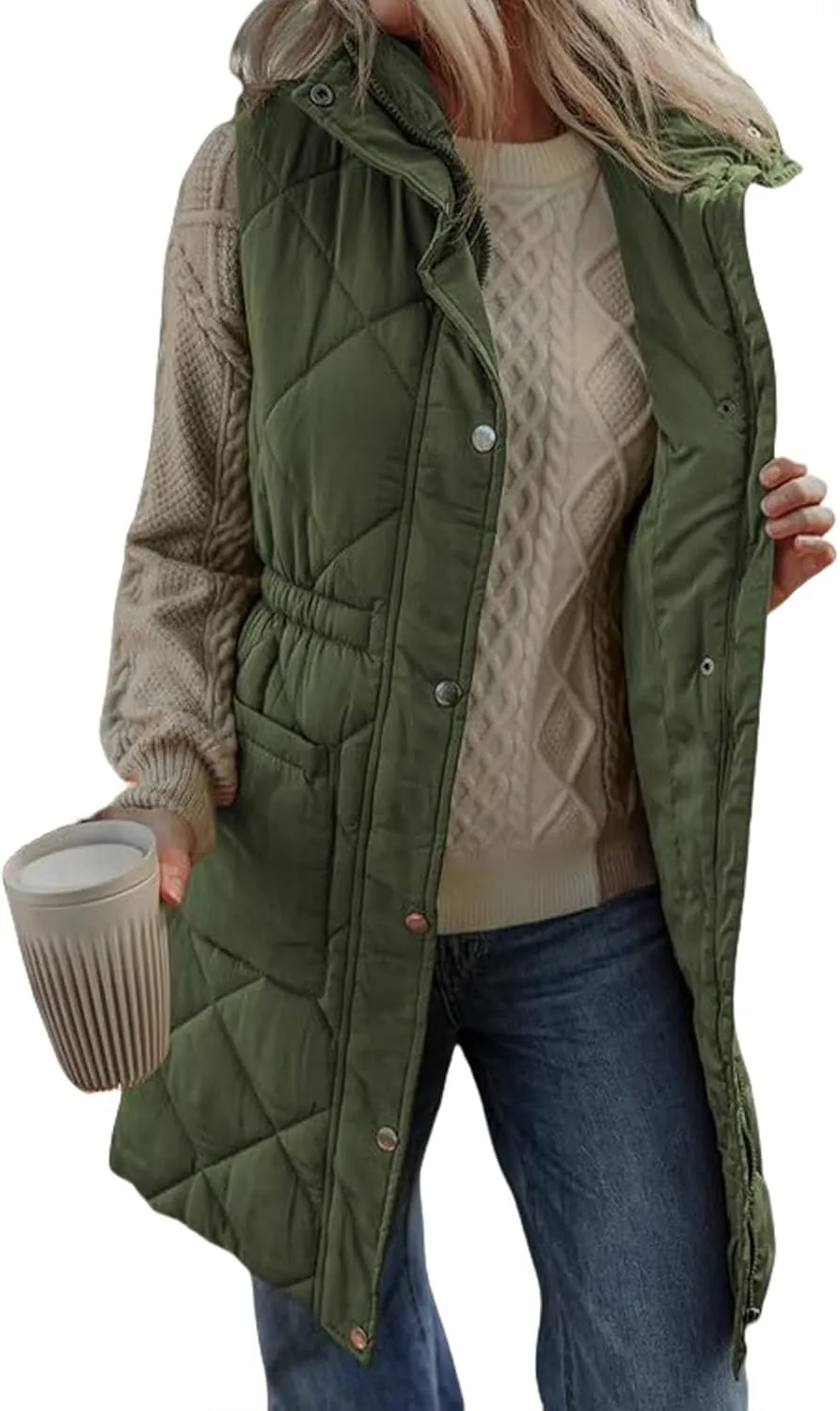Women Long Vest Zip Up Puffer Jacket Casual Sleeveless Down Coat Stand Collar Long Jacket Puffy Vest with Pockets