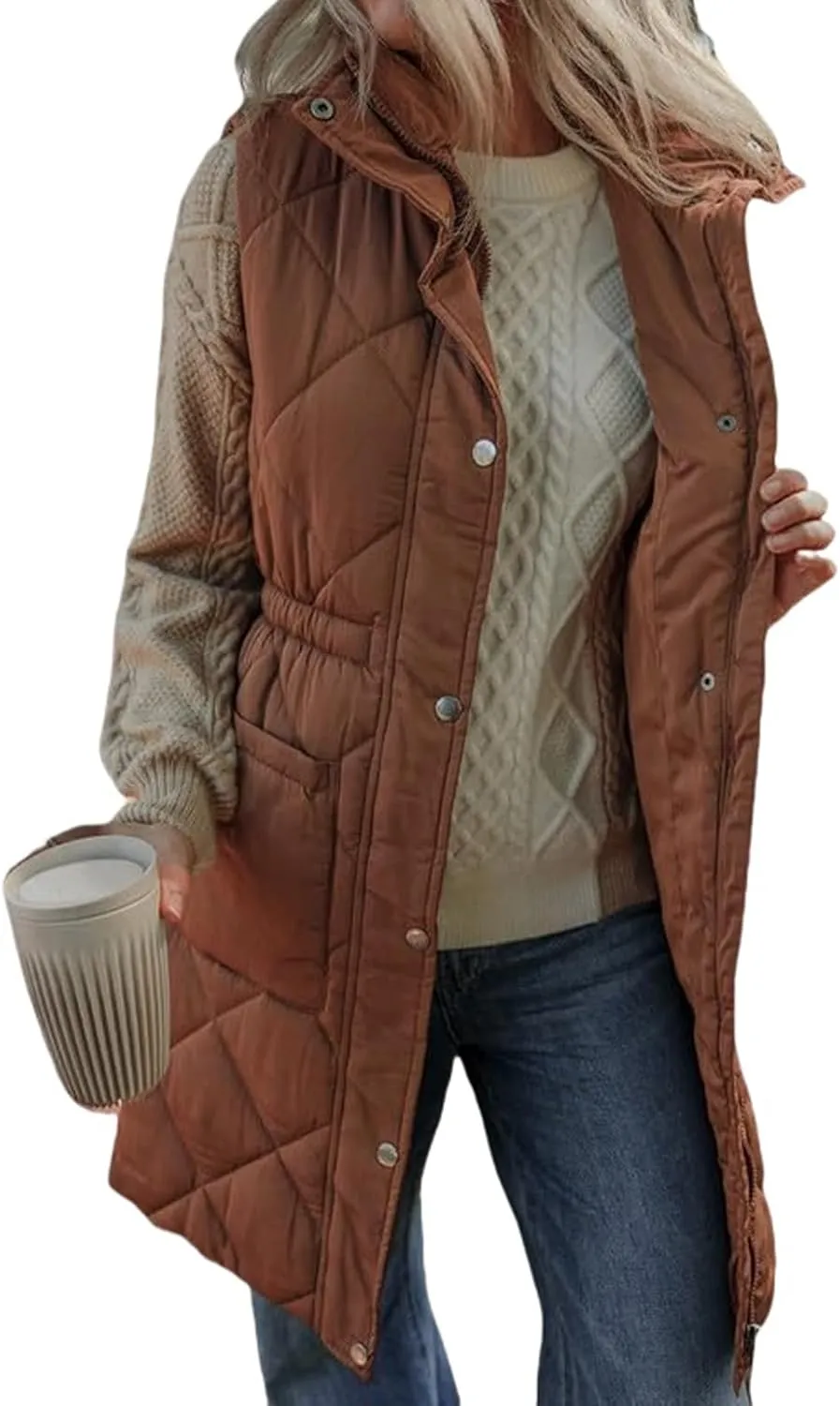 Women Long Vest Zip Up Puffer Jacket Casual Sleeveless Down Coat Stand Collar Long Jacket Puffy Vest with Pockets