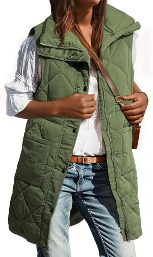 Women Long Vest Zip Up Puffer Jacket Casual Sleeveless Down Coat Stand Collar Long Jacket Puffy Vest with Pockets